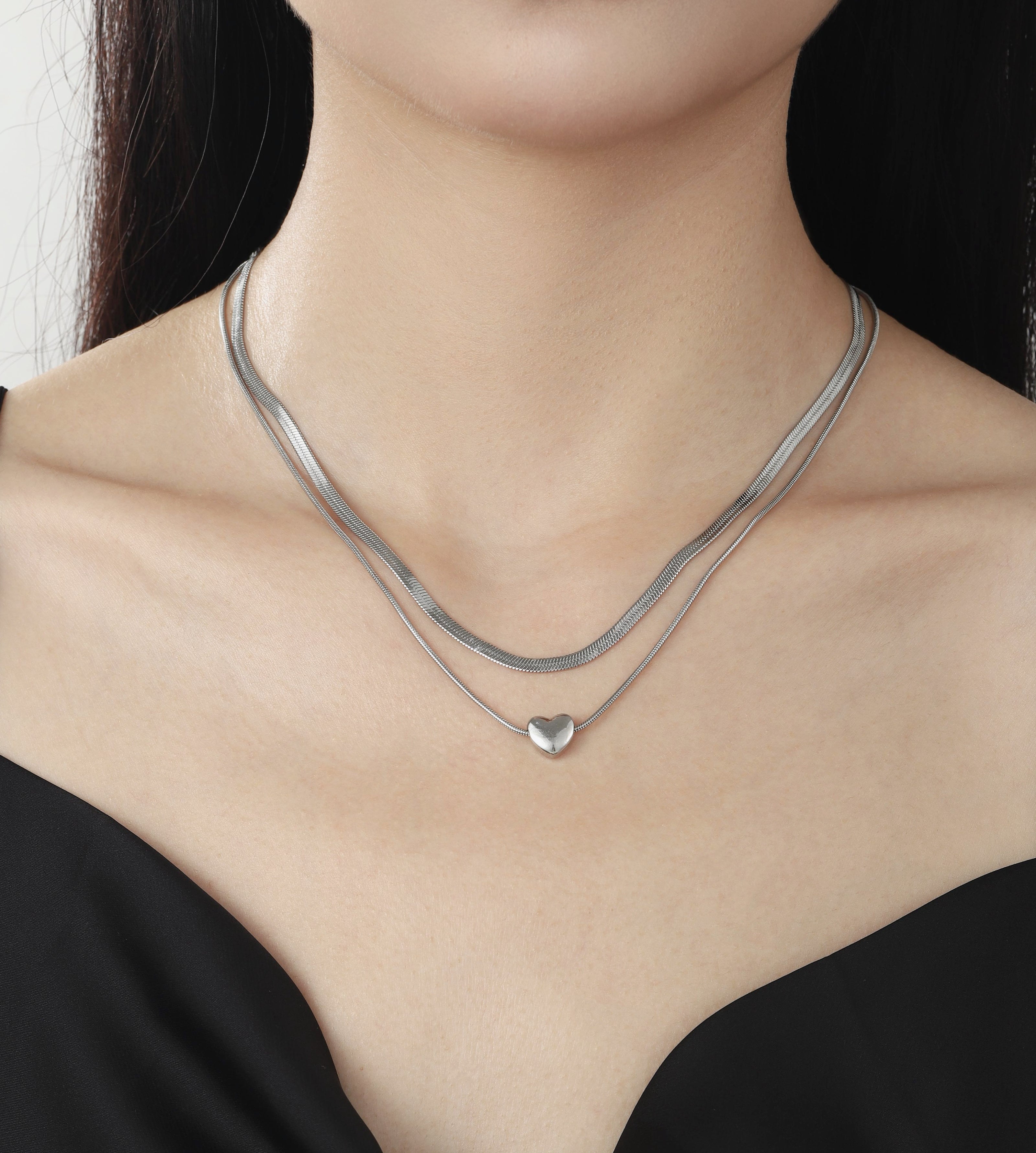 Thalia Layered Heart Necklace-Silver