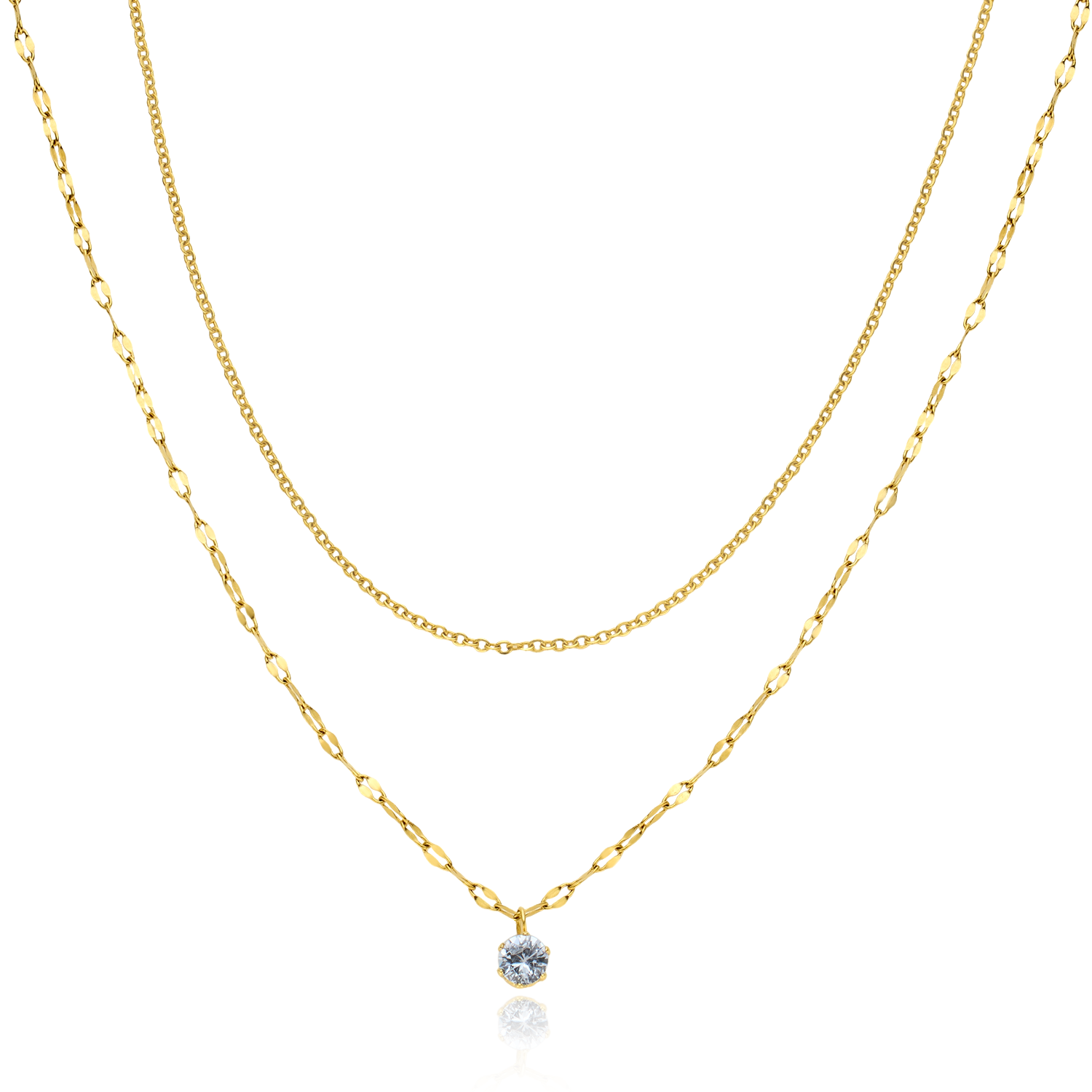 Solitaire Crystal Double Layered Necklace - Gold