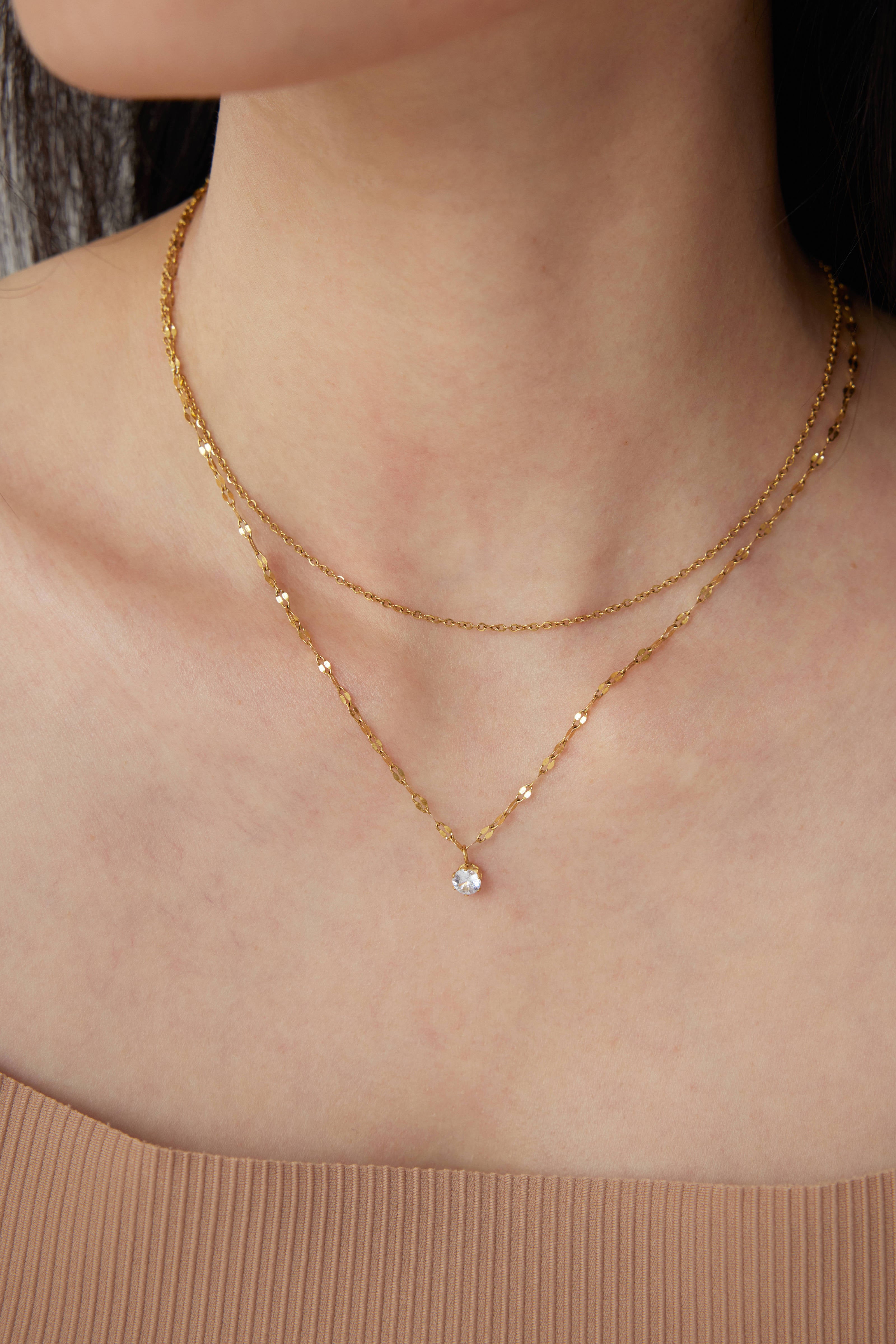 Solitaire Crystal Double Layered Necklace - Gold