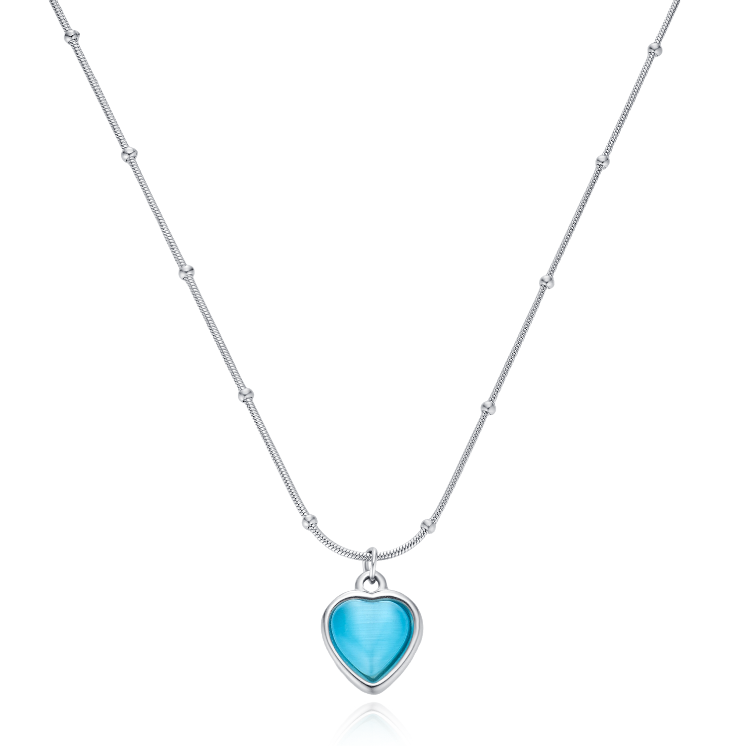 Azure Blue Cat's Eye Heart Pendant Necklace - Silver