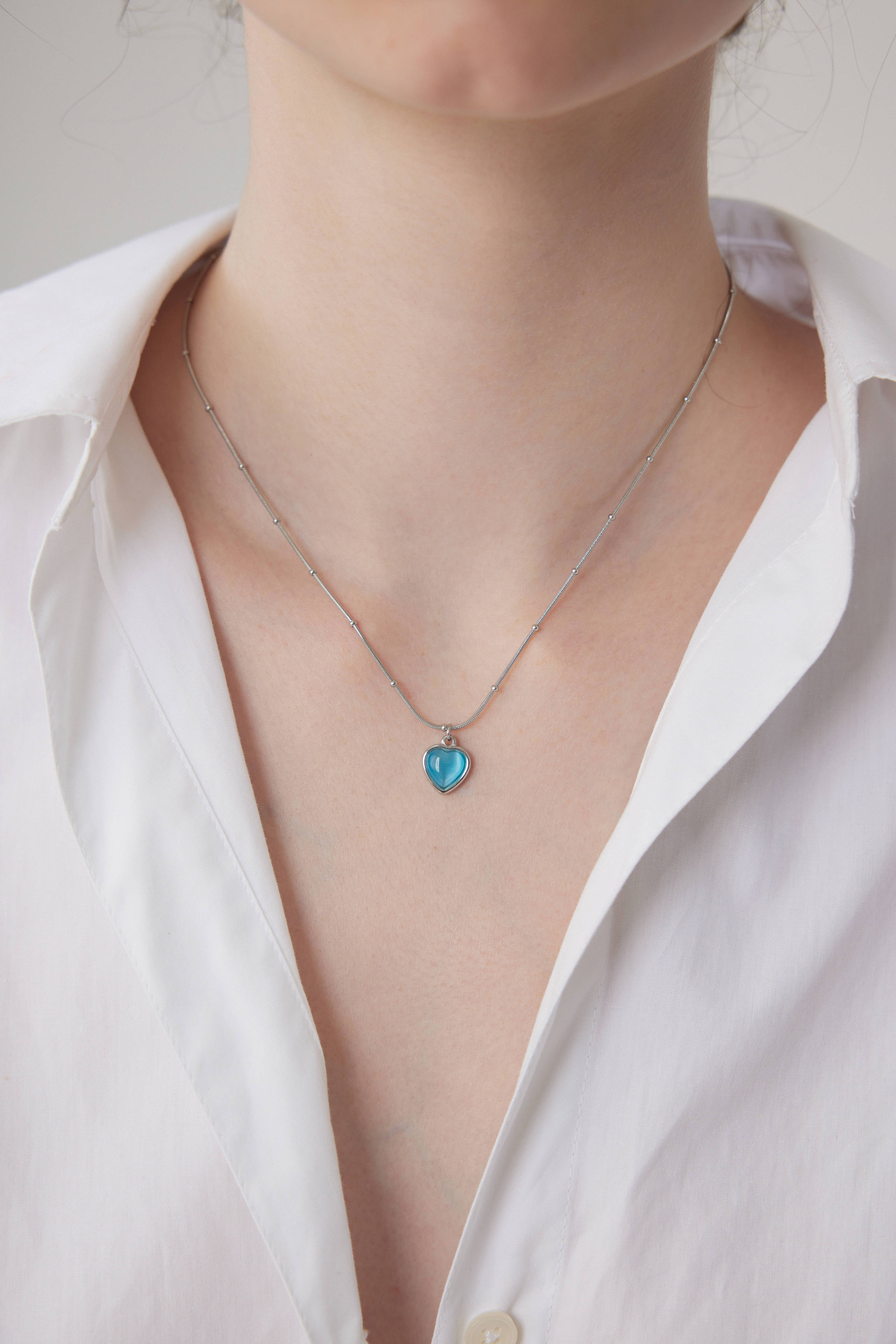 Azure Blue Cat's Eye Heart Pendant Necklace - Silver